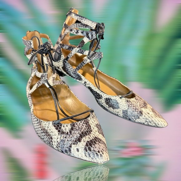 Aquazzura ‘Belgravia’ Two-Tone Snakeskin Ankle-Tie Flats Size 9 ASO Meghan - Picture 13 of 16